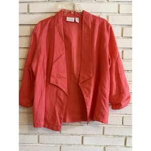 Chicos 2 Jacket Womens Size Large Orange Draped Front Linen Jacket Open Summer